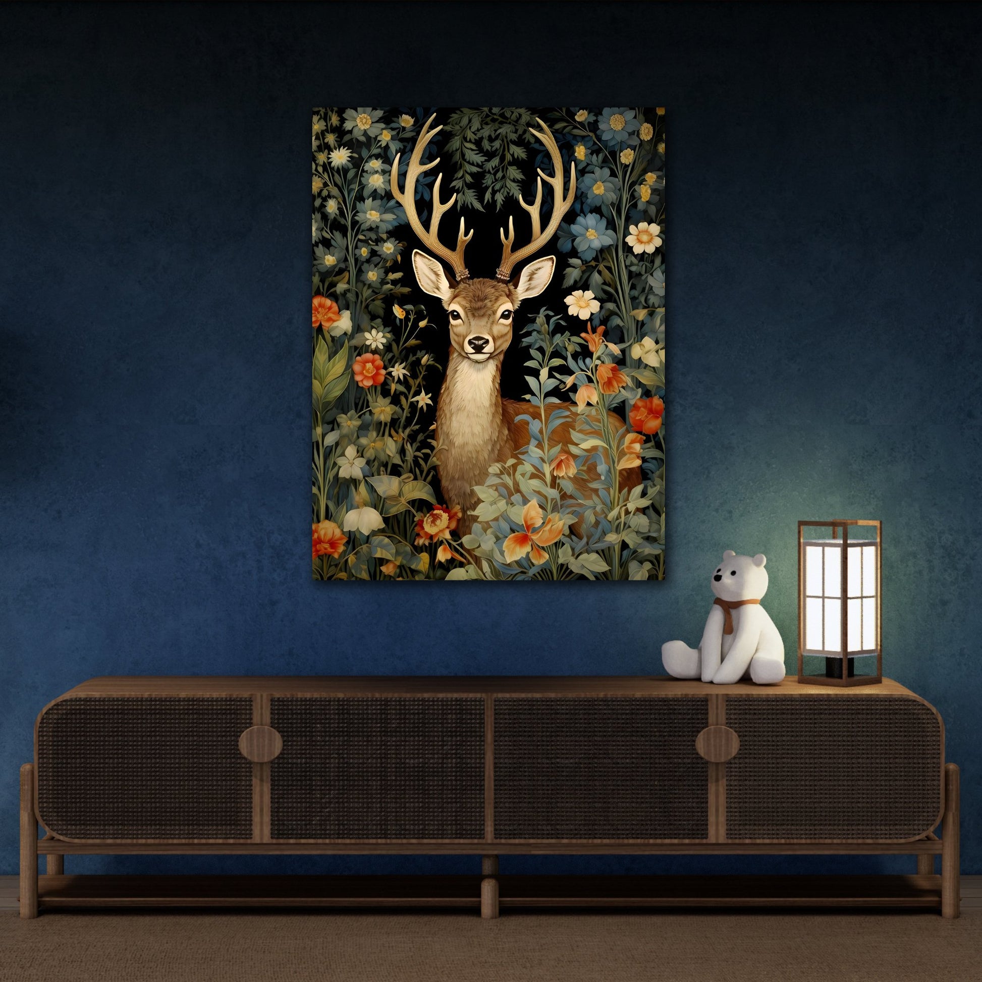 Deer in Floral Nature Forest - Framed Animal Canvas Wall Art Painting Prints