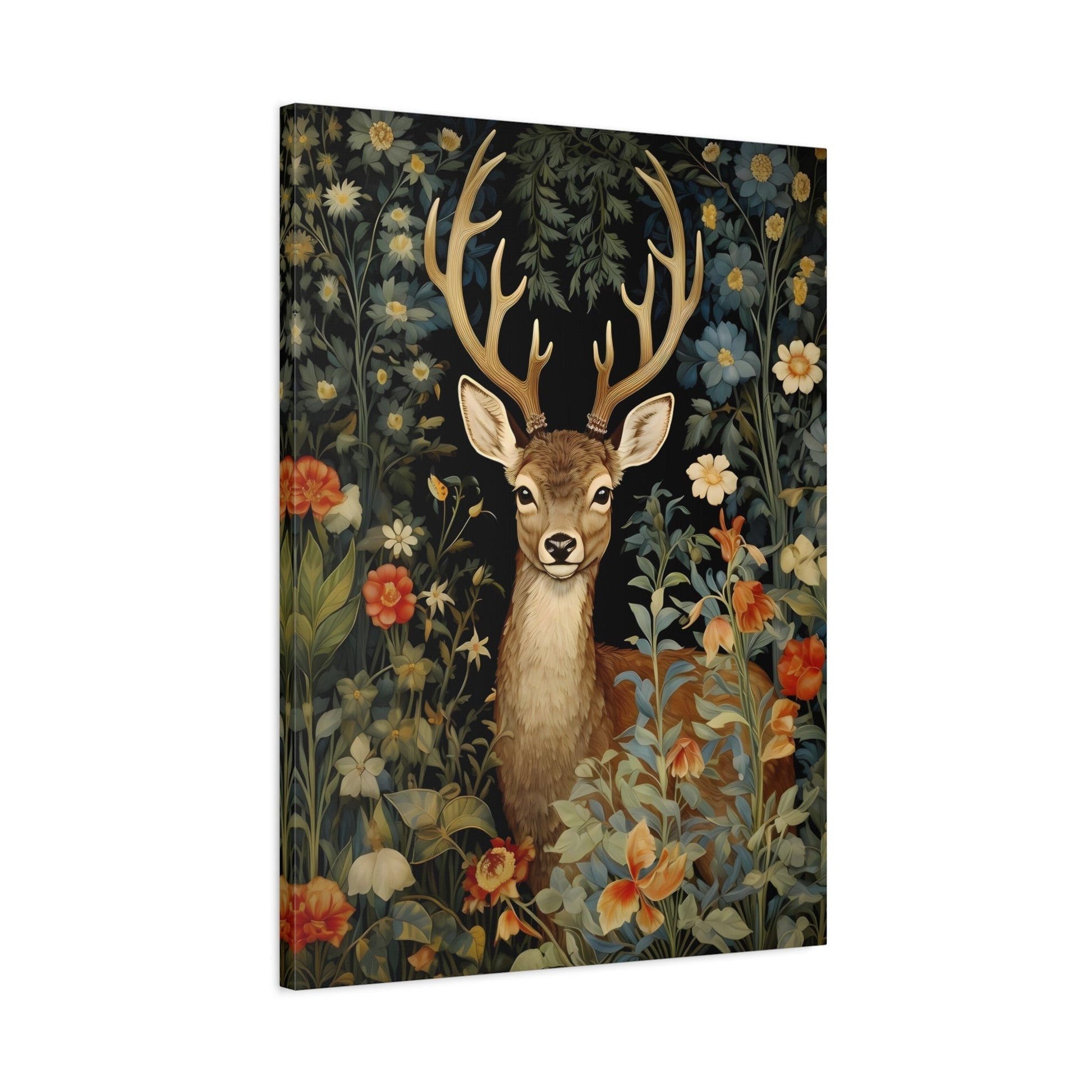 Deer in Floral Nature Forest - Framed Animal Canvas Wall Art Painting Prints