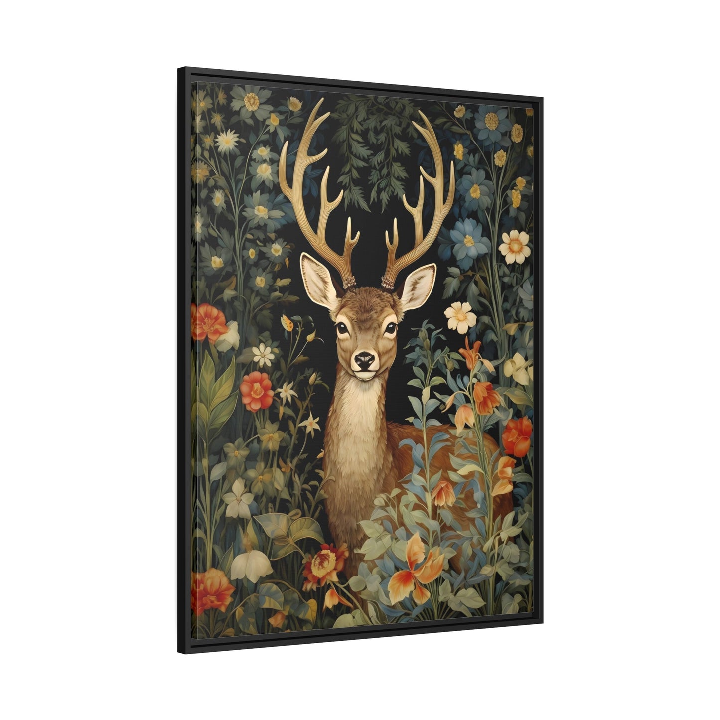 Deer in Floral Nature Forest - Framed Animal Canvas Wall Art Painting Prints in Pinewood Frame