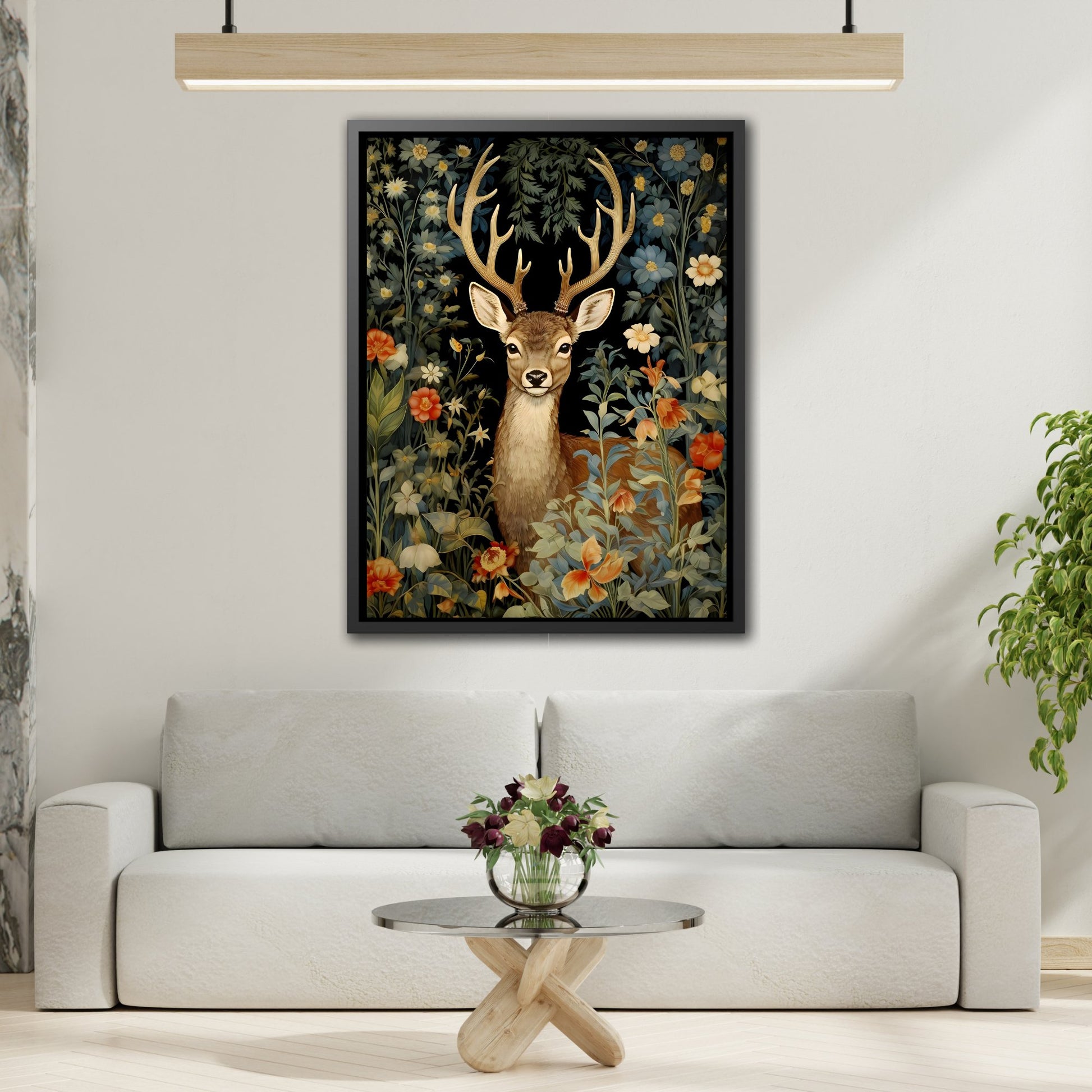 Deer in Floral Nature Forest - Framed Animal Canvas Wall Art Painting Prints in Pinewood Frame