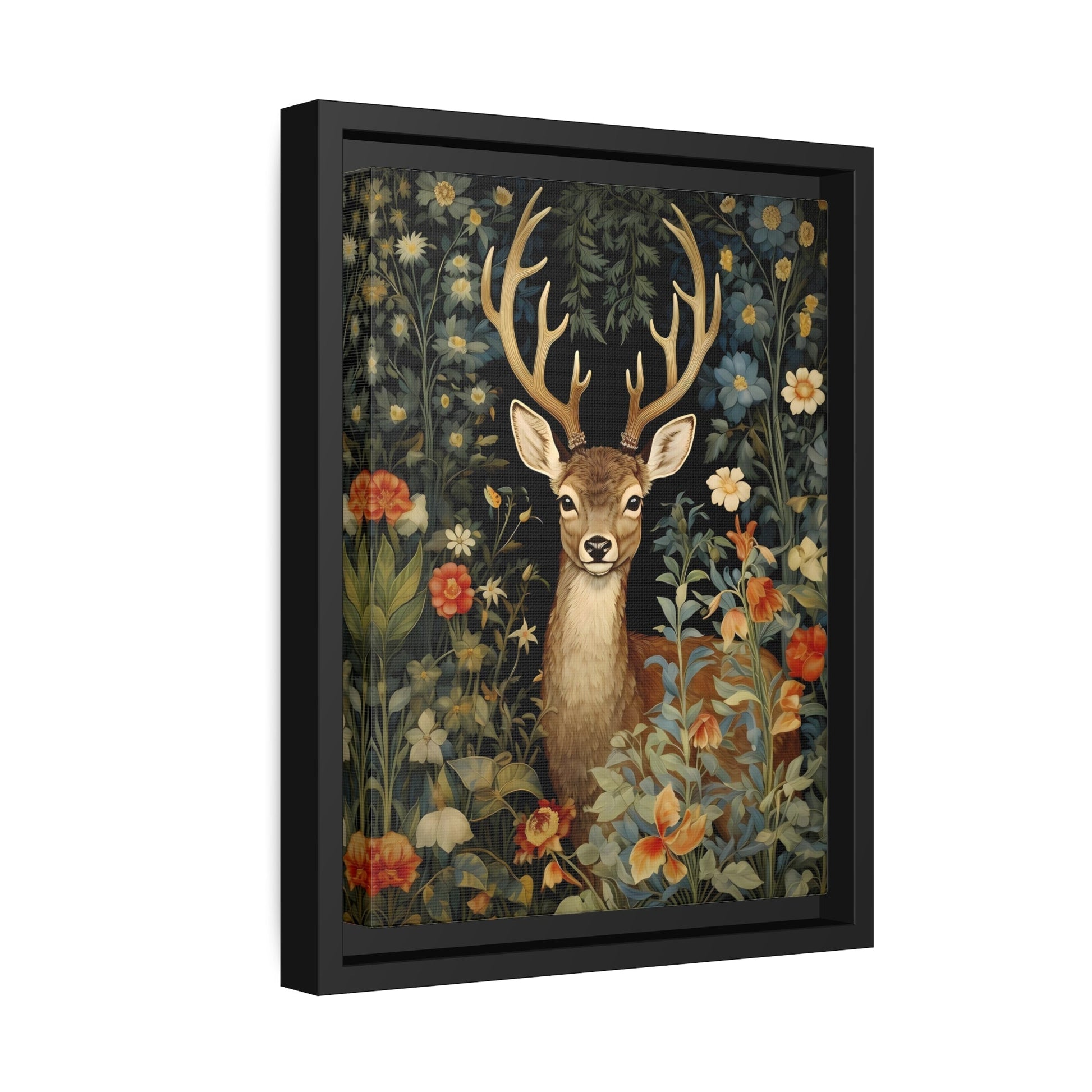 Deer in Floral Nature Forest - Framed Animal Canvas Wall Art Painting Prints in Pinewood Frame