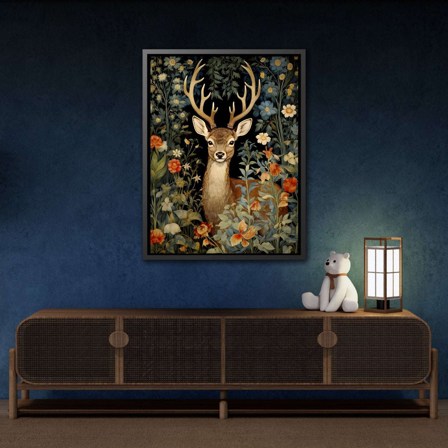 Deer in Floral Nature Forest - Framed Animal Canvas Wall Art Painting Prints in Pinewood Frame