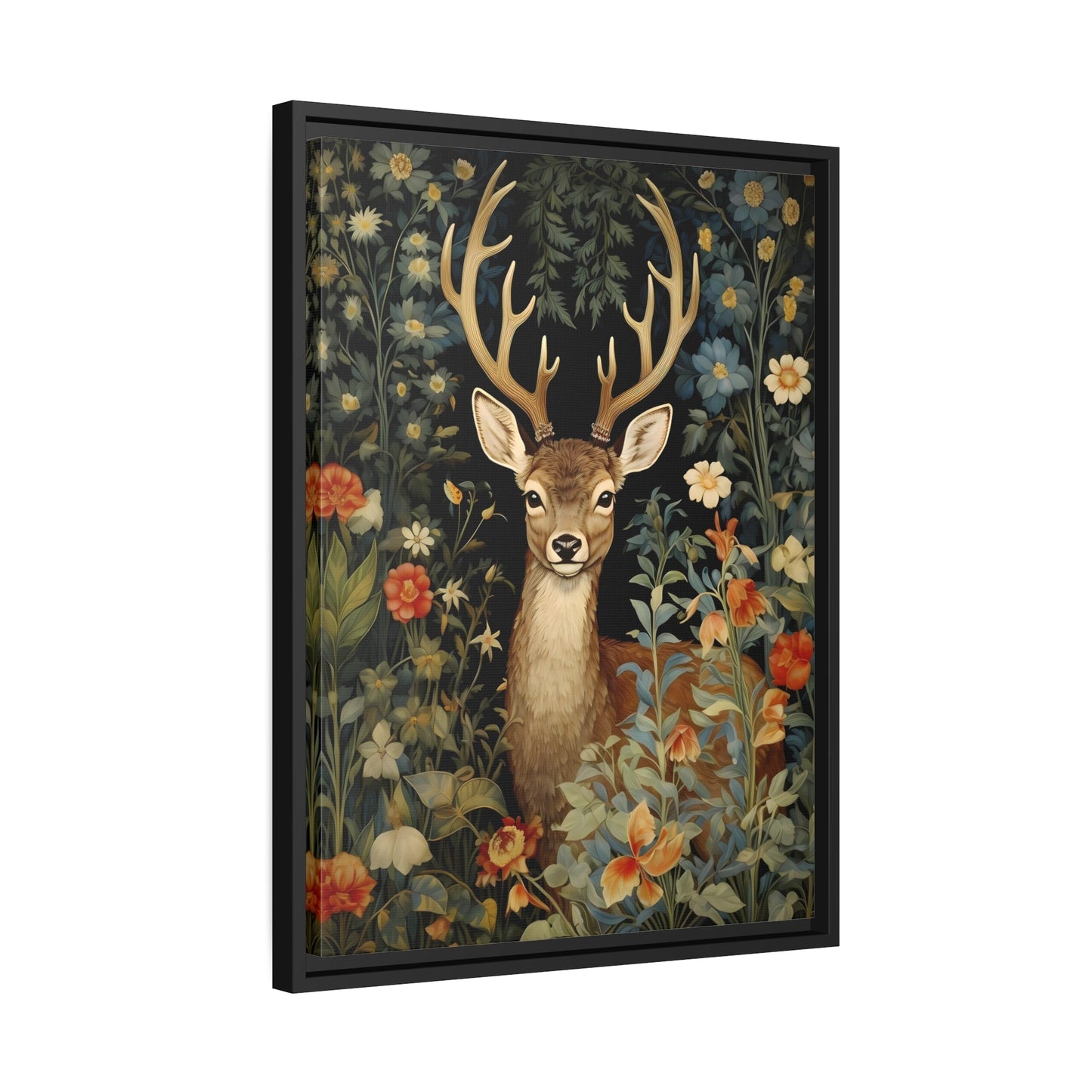 Deer in Floral Nature Forest - Framed Animal Canvas Wall Art Painting Prints in Pinewood Frame