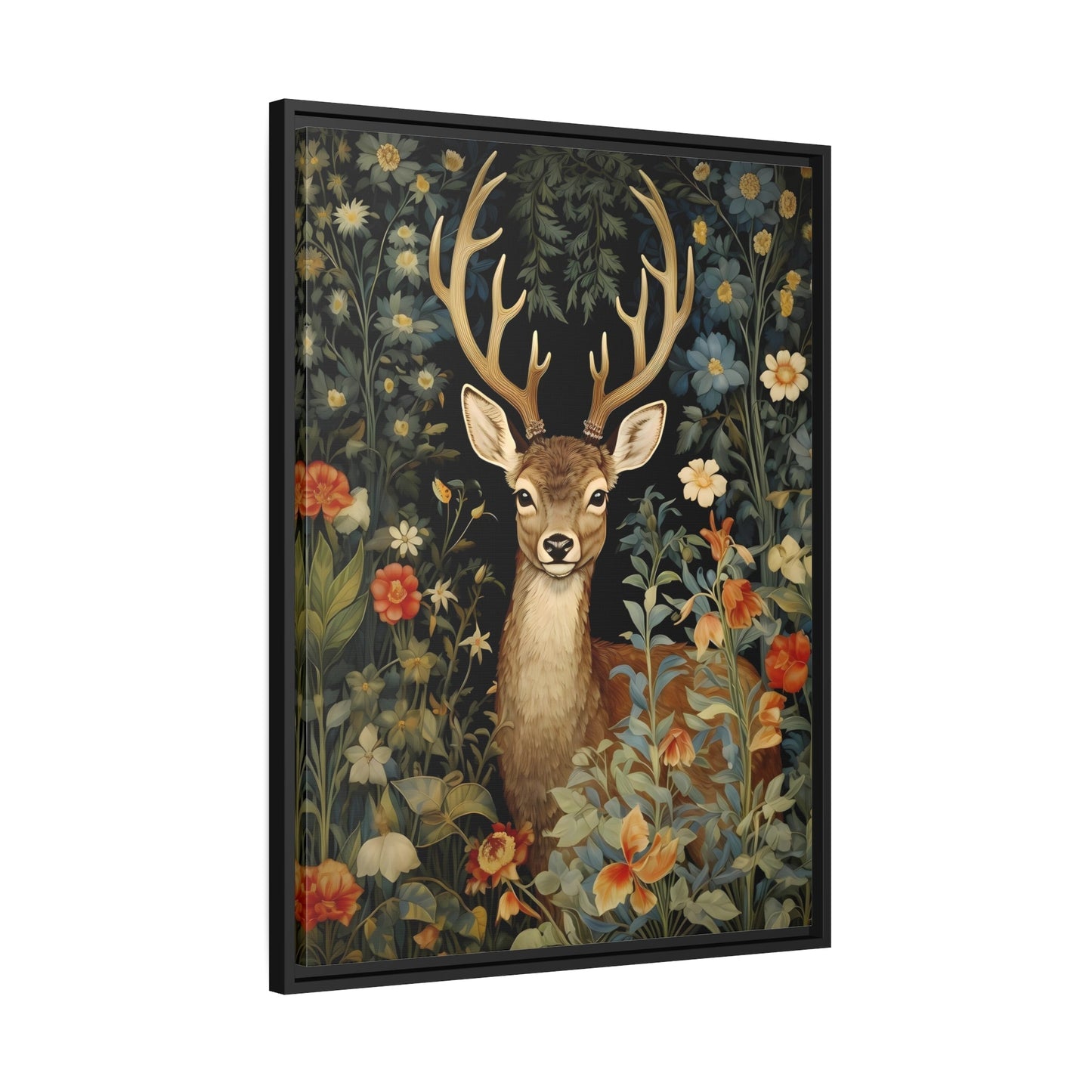 Deer in Floral Nature Forest - Framed Animal Canvas Wall Art Painting Prints in Pinewood Frame