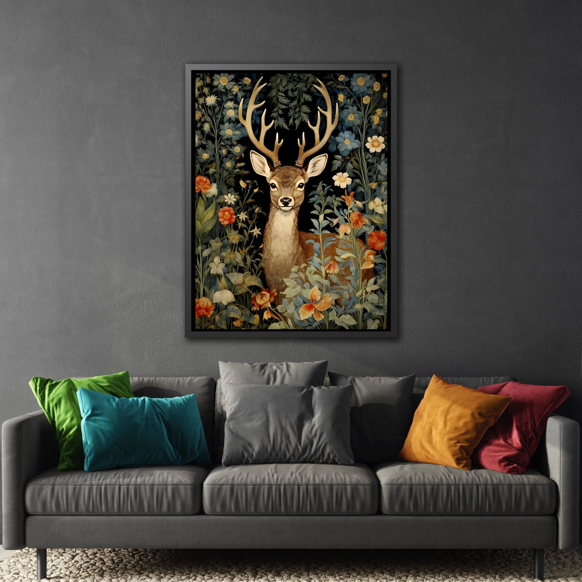 Deer in Floral Nature Forest - Framed Animal Canvas Wall Art Painting Prints in Pinewood Frame