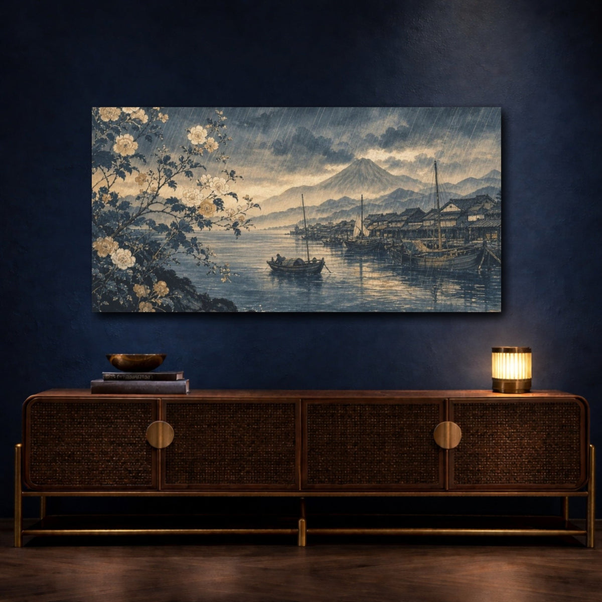 Delicate Botanical Ink Painting Hokusai-Inspired Rain Canvas Print Wall Art – Living Room Decor, Above Fireplace - YesArtYes