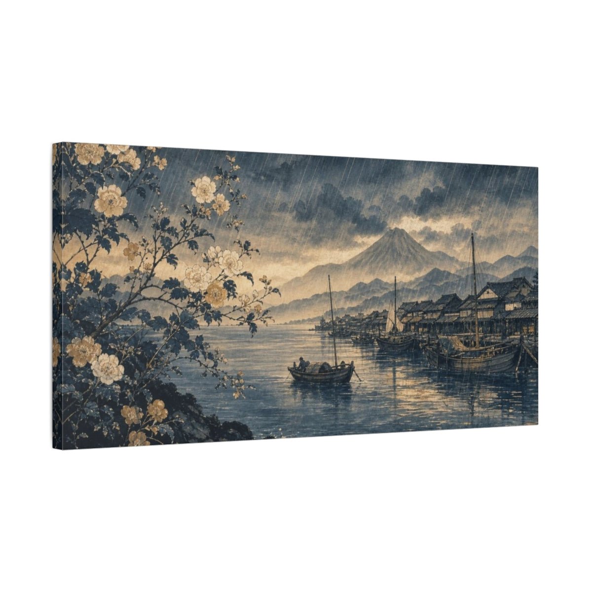 Delicate Botanical Ink Painting Hokusai-Inspired Rain Canvas Print Wall Art – Living Room Decor, Above Fireplace - YesArtYes