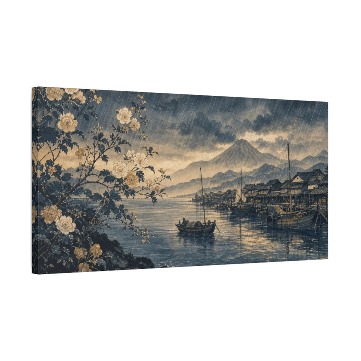 Side Mockup 1. Delicate Botanical Ink Painting Hokusai-Inspired Rain Over A Fishing Harbor, Blue-Black, Silver And Ochre shown as canvas print