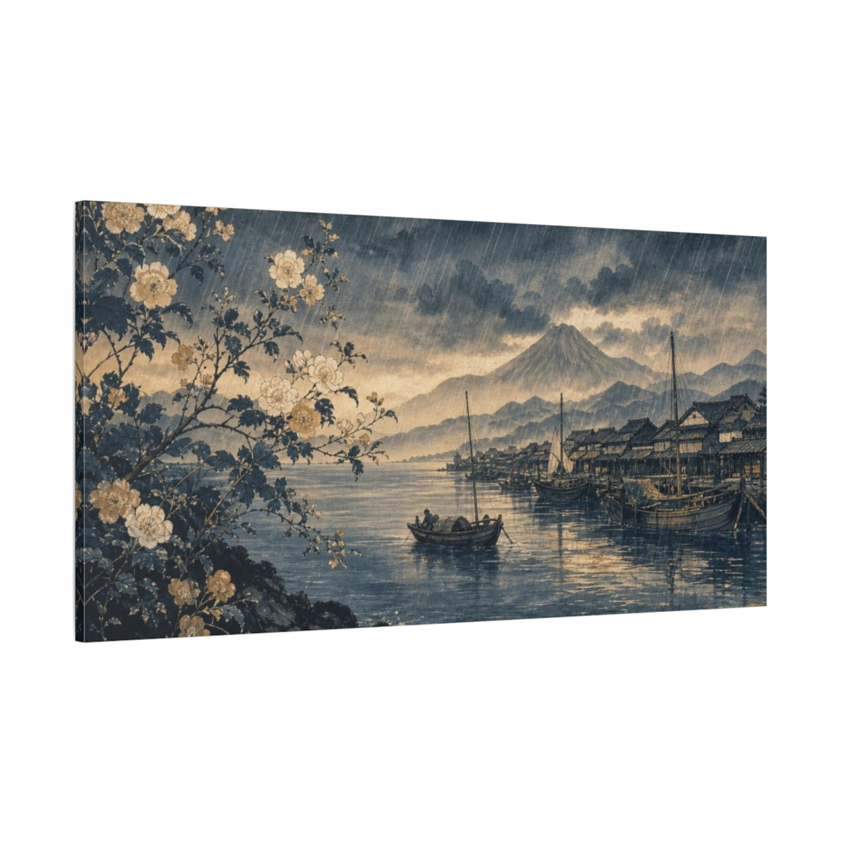 Side Mockup 2. Delicate Botanical Ink Painting Hokusai-Inspired Rain Over A Fishing Harbor, Blue-Black, Silver And Ochre shown as canvas print
