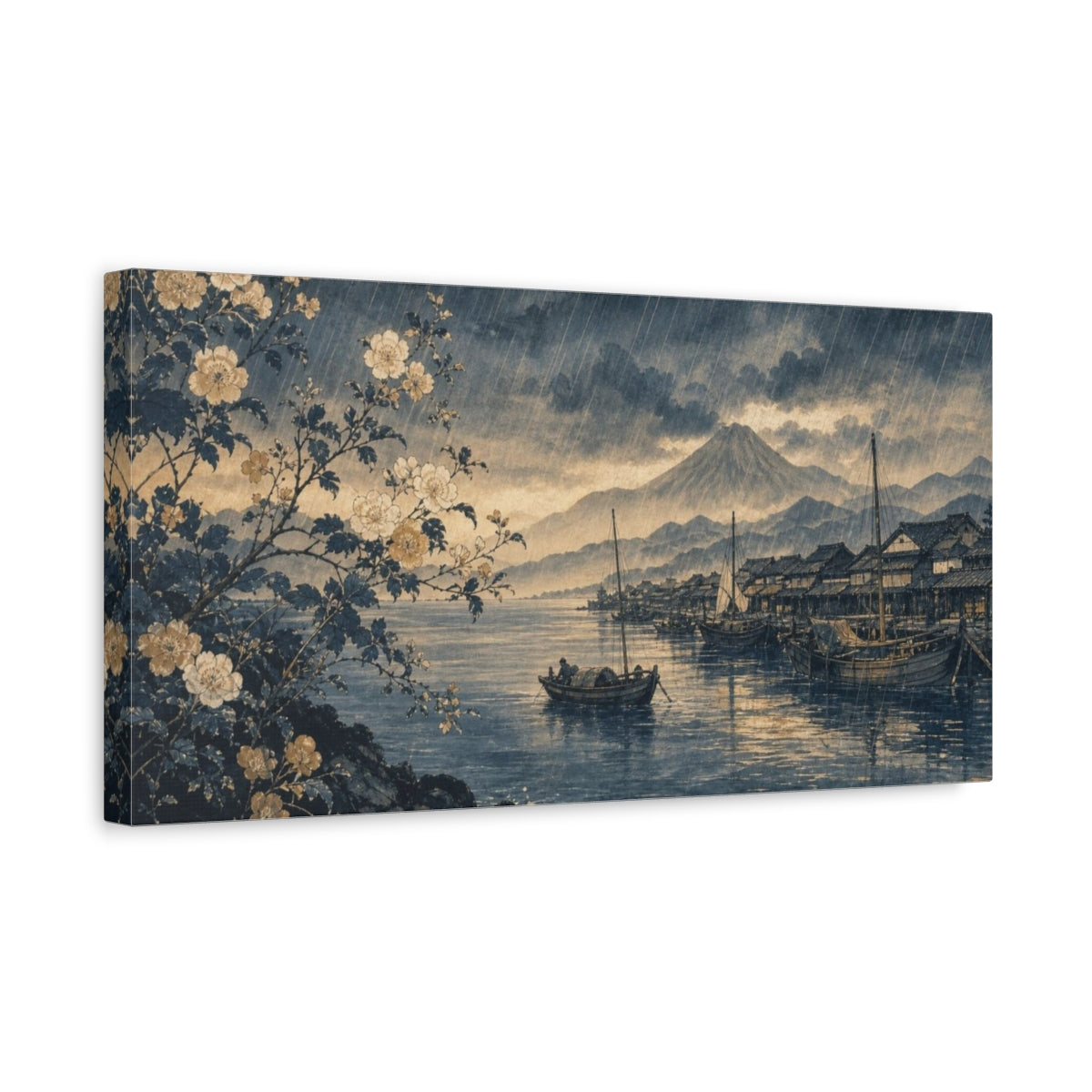 Side Mockup 3. Delicate Botanical Ink Painting Hokusai-Inspired Rain Over A Fishing Harbor, Blue-Black, Silver And Ochre shown as canvas print