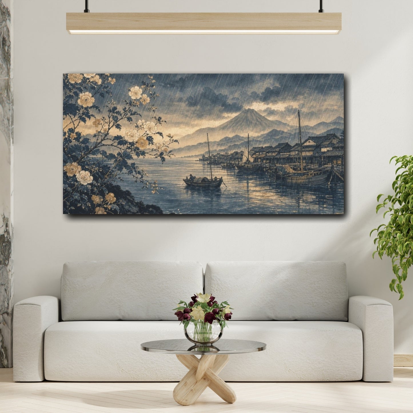 Mockup 2. Delicate Botanical Ink Painting Hokusai-Inspired Rain Over A Fishing Harbor, Blue-Black, Silver And Ochre shown as canvas print