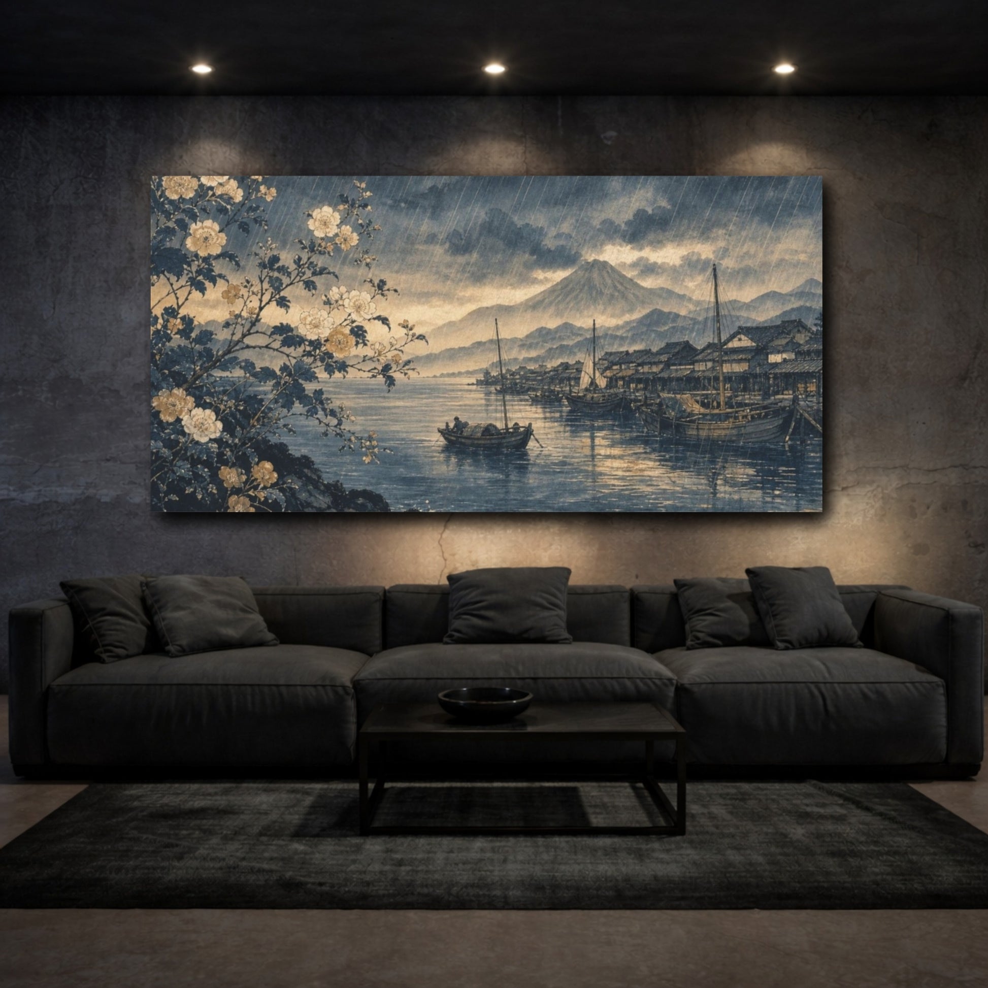 Mockup 3. Delicate Botanical Ink Painting Hokusai-Inspired Rain Over A Fishing Harbor, Blue-Black, Silver And Ochre shown as canvas print