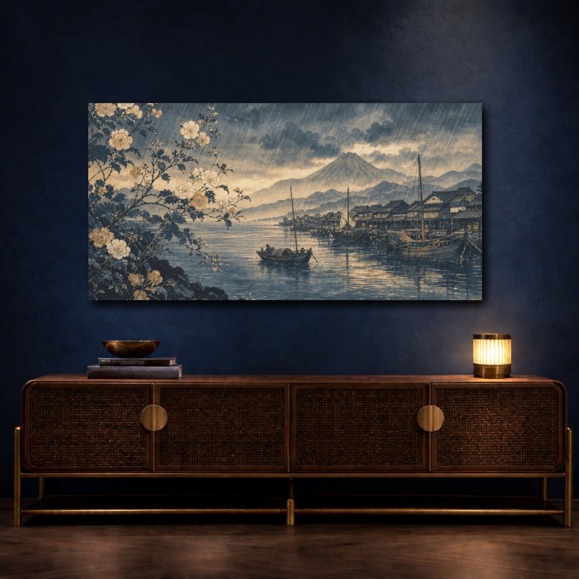 Mockup 4. Delicate Botanical Ink Painting Hokusai-Inspired Rain Over A Fishing Harbor, Blue-Black, Silver And Ochre shown as canvas print