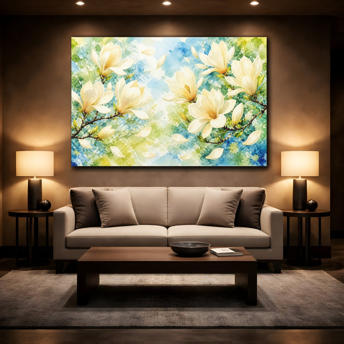 Mockup 2. Delicate Cream Magnolia Branch shown as canvas print