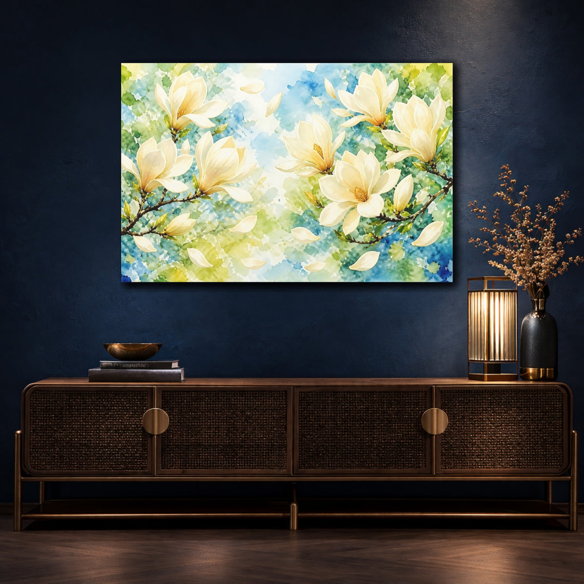 Mockup 4. Delicate Cream Magnolia Branch shown as canvas print