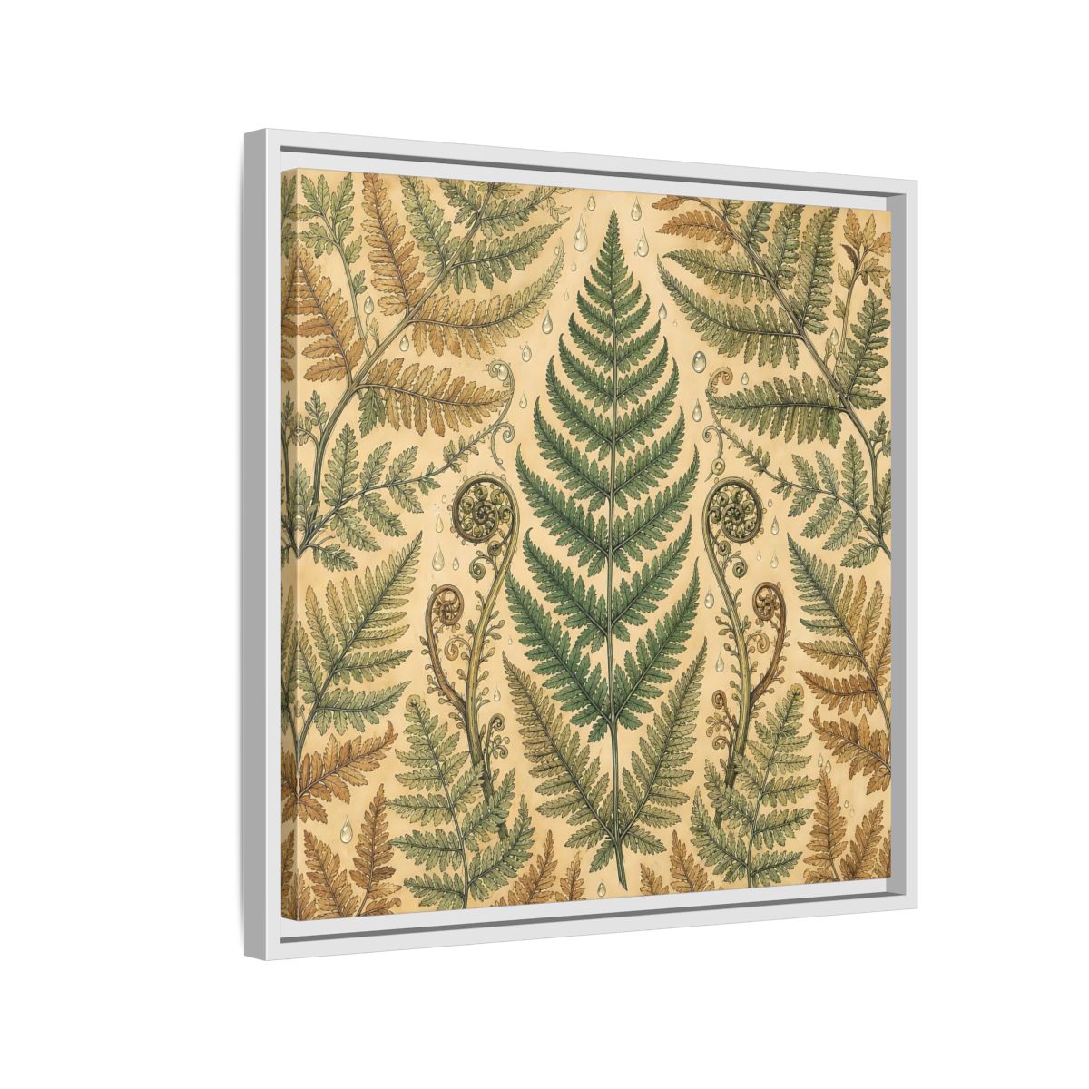 Side Mockup 10. Delicate Hand-Drawn Illustration Fern Leaves With Rain Drops shown as stretched canvas wall art