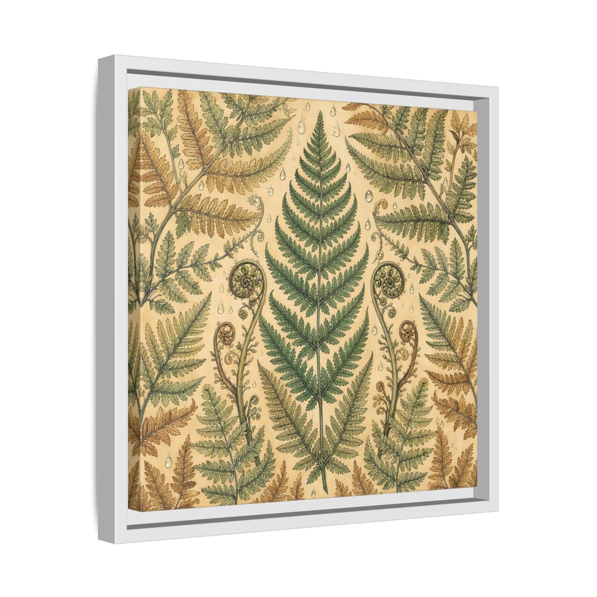 Side Mockup 28. Delicate Hand-Drawn Illustration Fern Leaves With Rain Drops shown as stretched canvas wall art