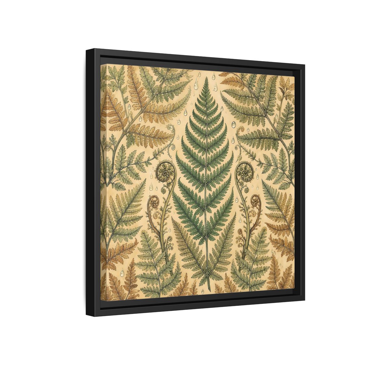 Side Mockup 15. Delicate Hand-Drawn Illustration Fern Leaves With Rain Drops shown as stretched canvas wall art