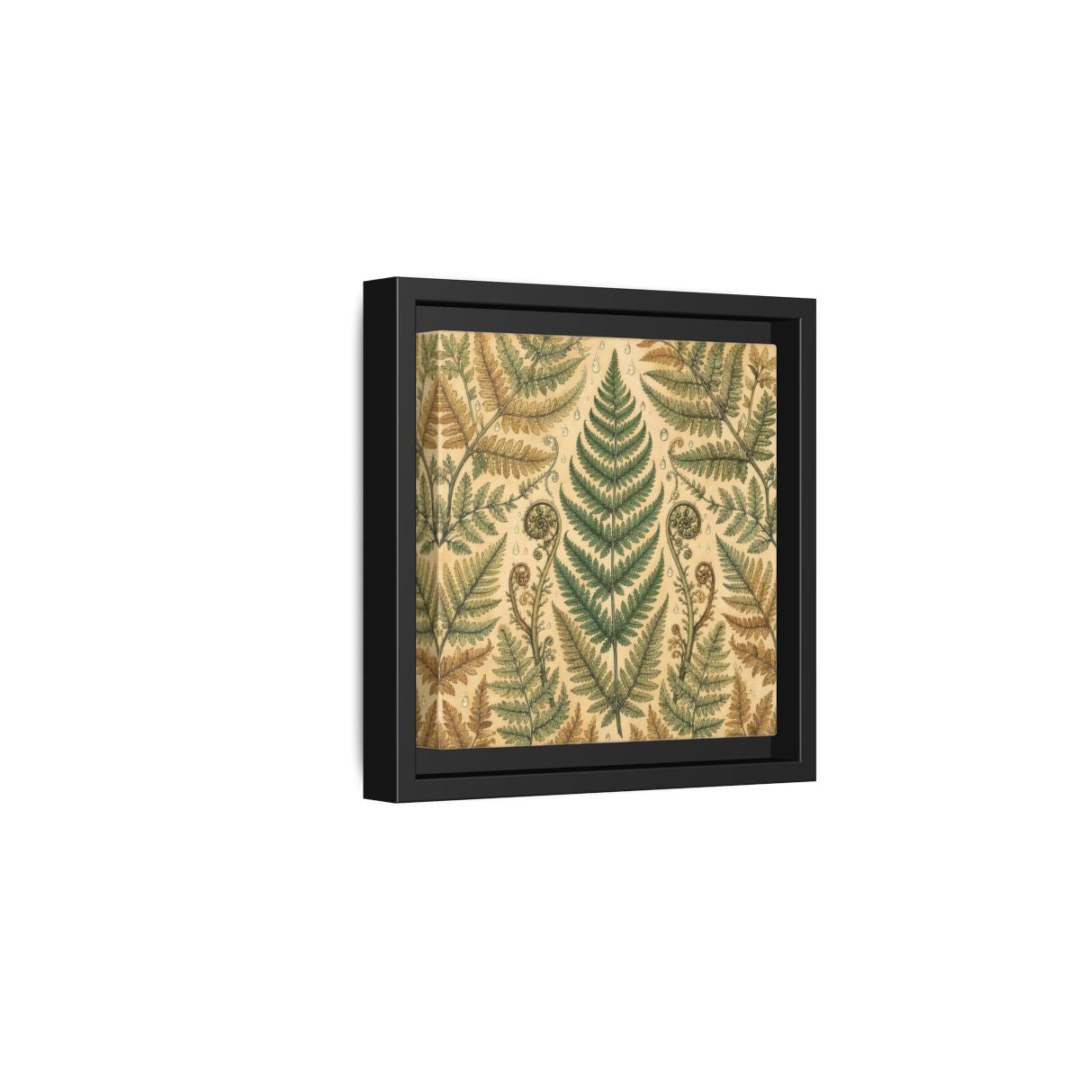 Side Mockup 3. Delicate Hand-Drawn Illustration Fern Leaves With Rain Drops shown as stretched canvas wall art