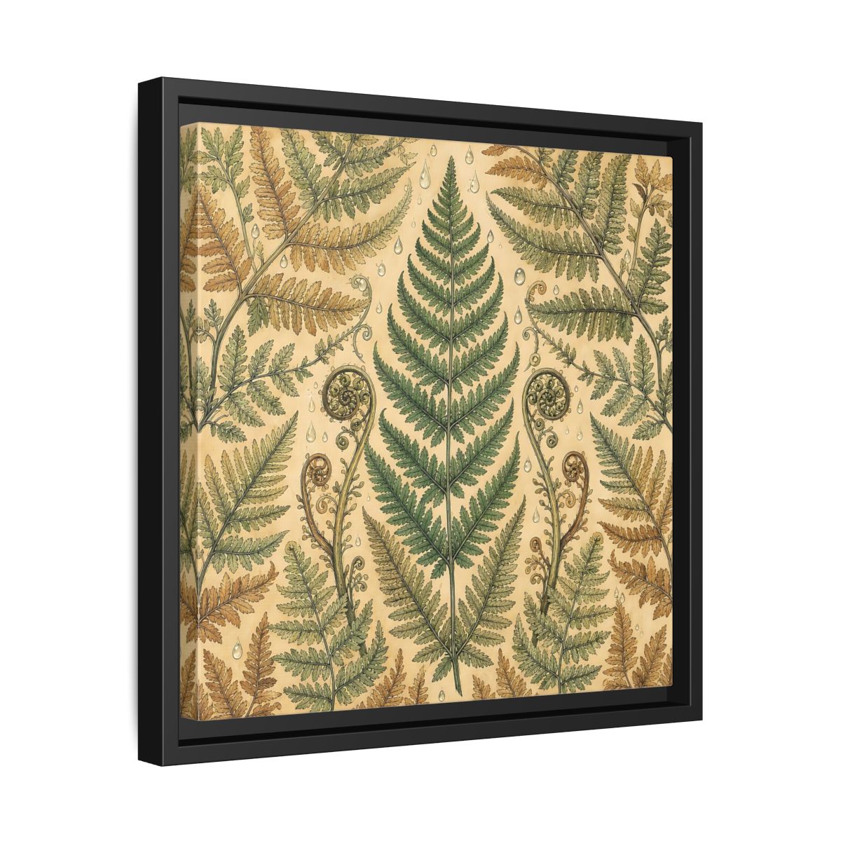 Side Mockup 32. Delicate Hand-Drawn Illustration Fern Leaves With Rain Drops shown as stretched canvas wall art