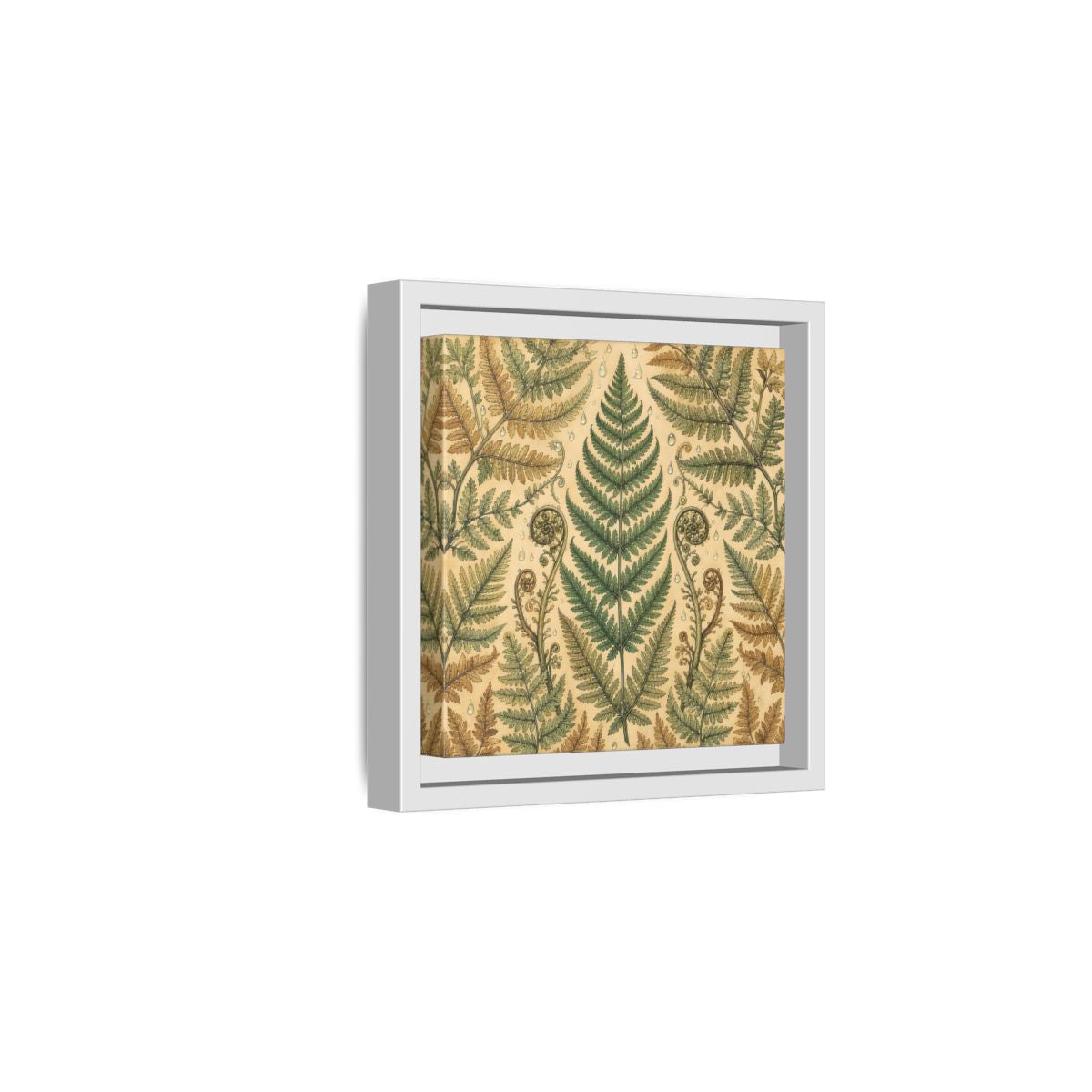 Side Mockup 1. Delicate Hand-Drawn Illustration Fern Leaves With Rain Drops shown as stretched canvas wall art
