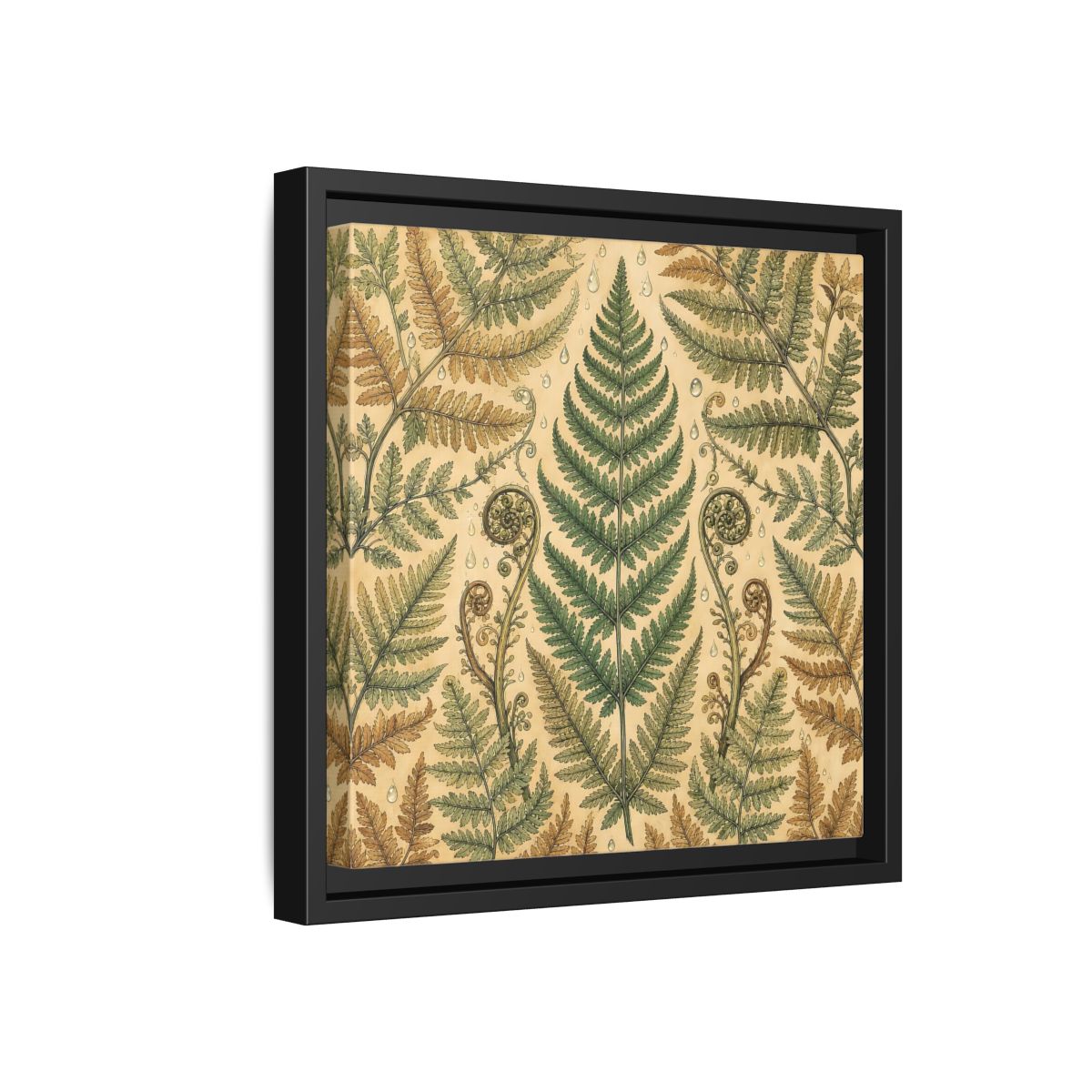 Side Mockup 18. Delicate Hand-Drawn Illustration Fern Leaves With Rain Drops shown as stretched canvas wall art