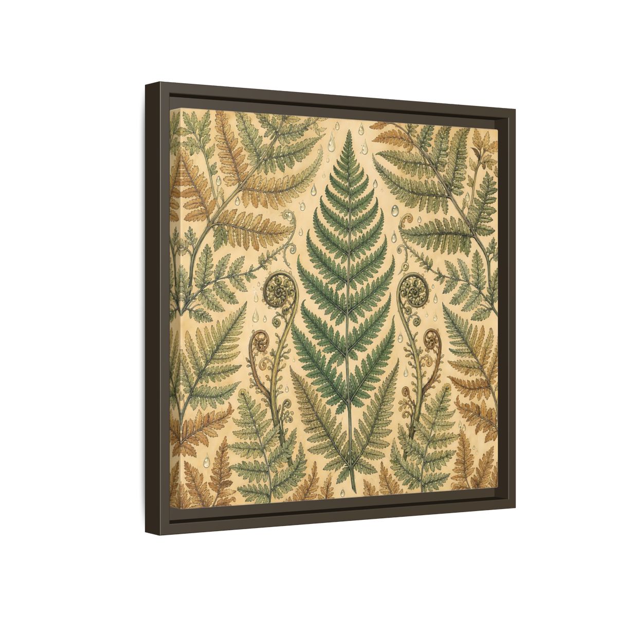 Side Mockup 14. Delicate Hand-Drawn Illustration Fern Leaves With Rain Drops shown as stretched canvas wall art