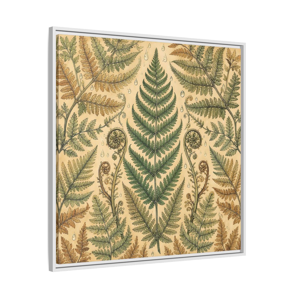 Side Mockup 25. Delicate Hand-Drawn Illustration Fern Leaves With Rain Drops shown as stretched canvas wall art