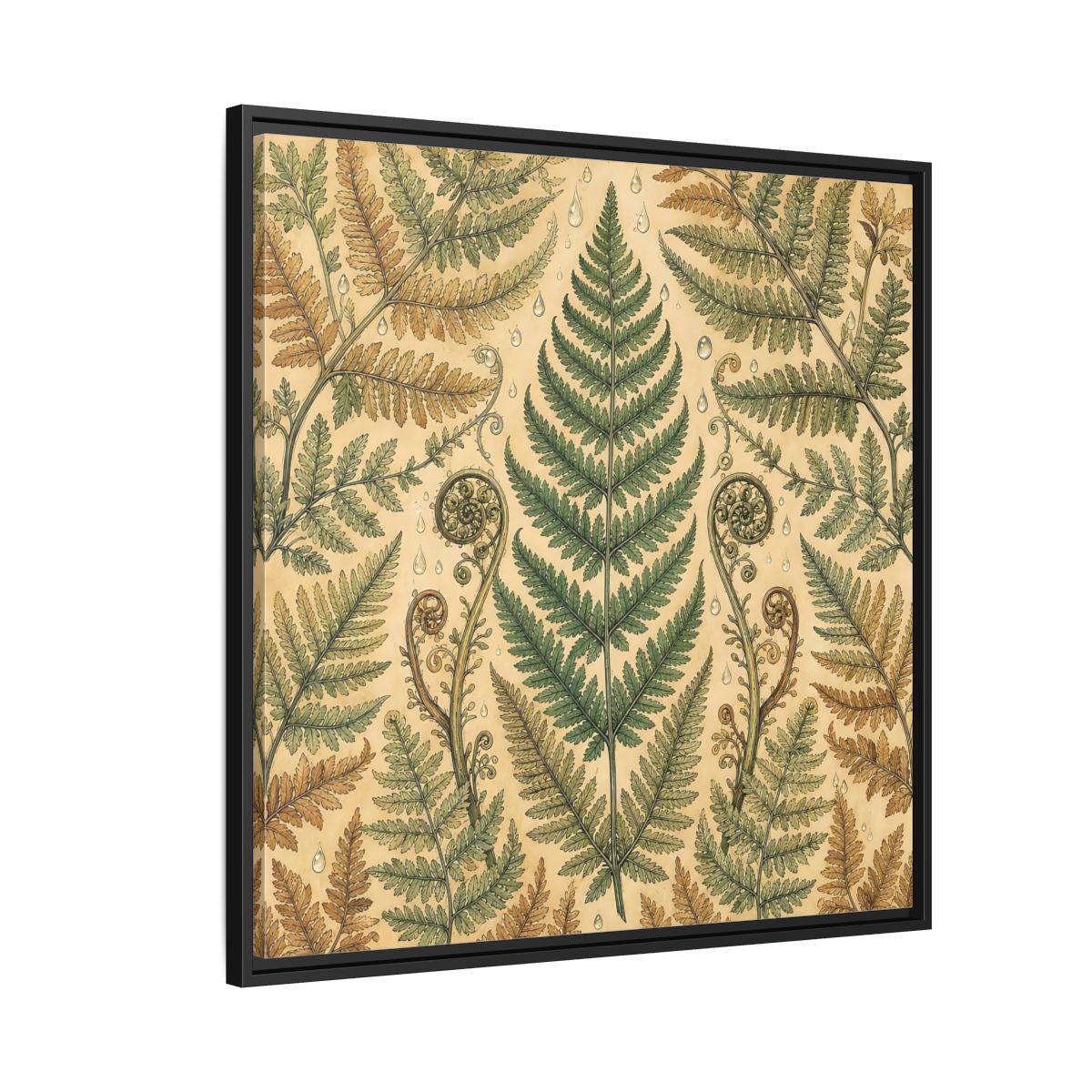 Side Mockup 9. Delicate Hand-Drawn Illustration Fern Leaves With Rain Drops shown as stretched canvas wall art