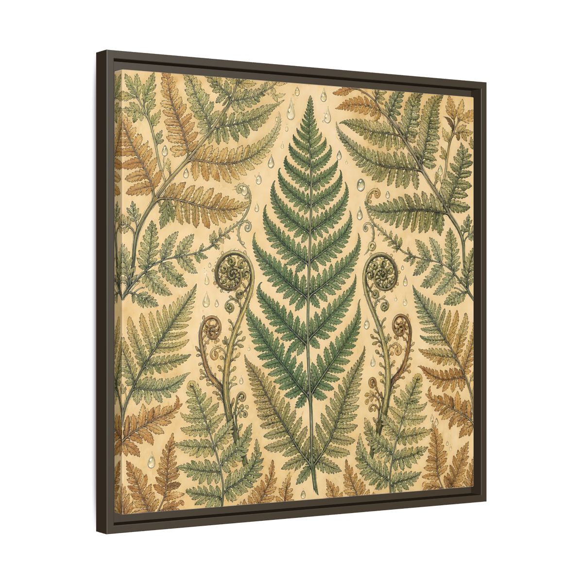 Side Mockup 27. Delicate Hand-Drawn Illustration Fern Leaves With Rain Drops shown as stretched canvas wall art