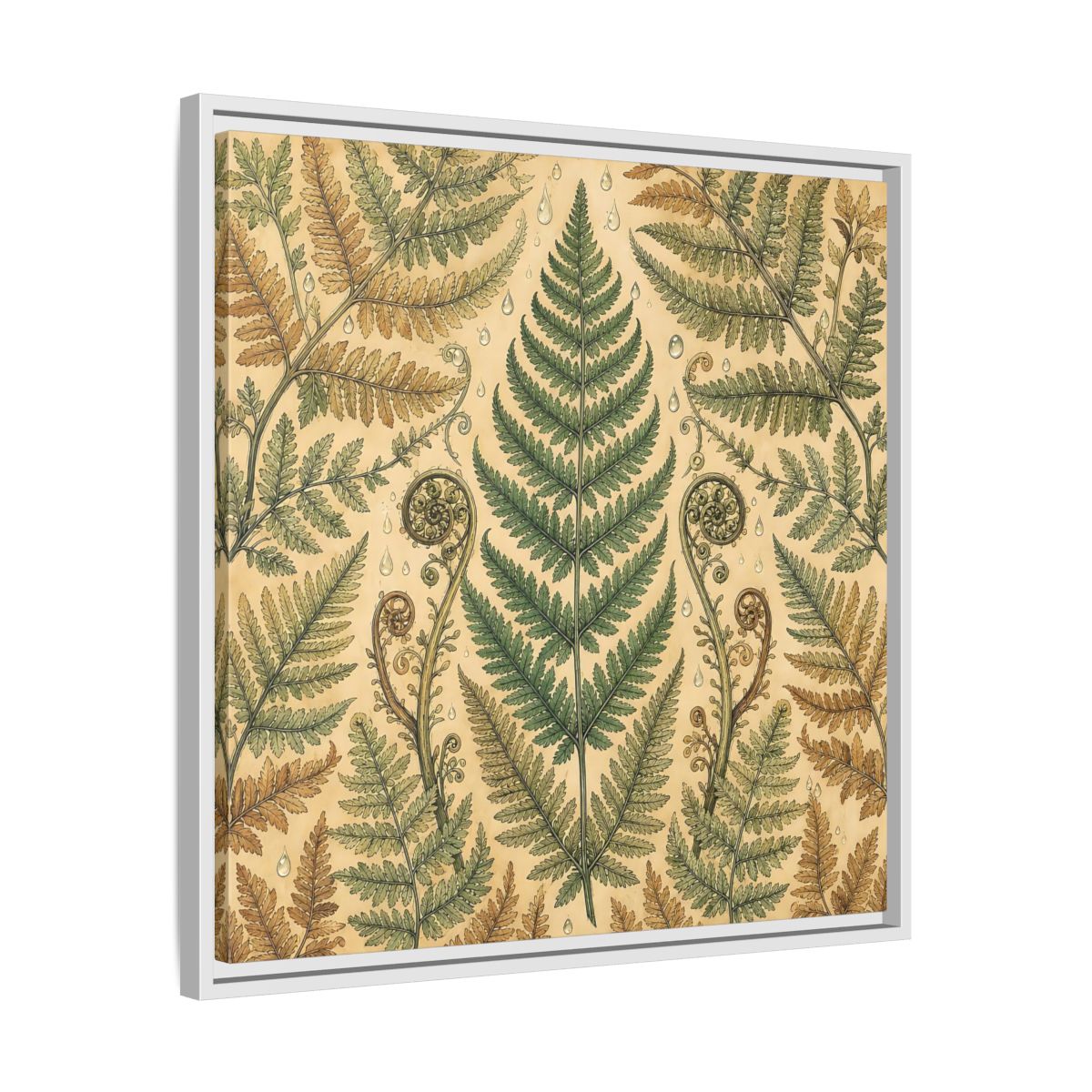 Side Mockup 26. Delicate Hand-Drawn Illustration Fern Leaves With Rain Drops shown as stretched canvas wall art