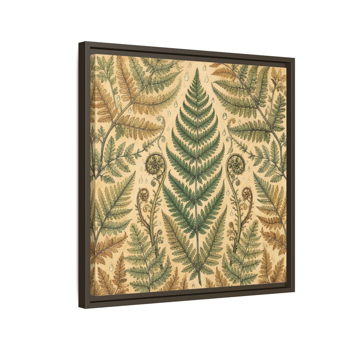 Side Mockup 11. Delicate Hand-Drawn Illustration Fern Leaves With Rain Drops shown as stretched canvas wall art