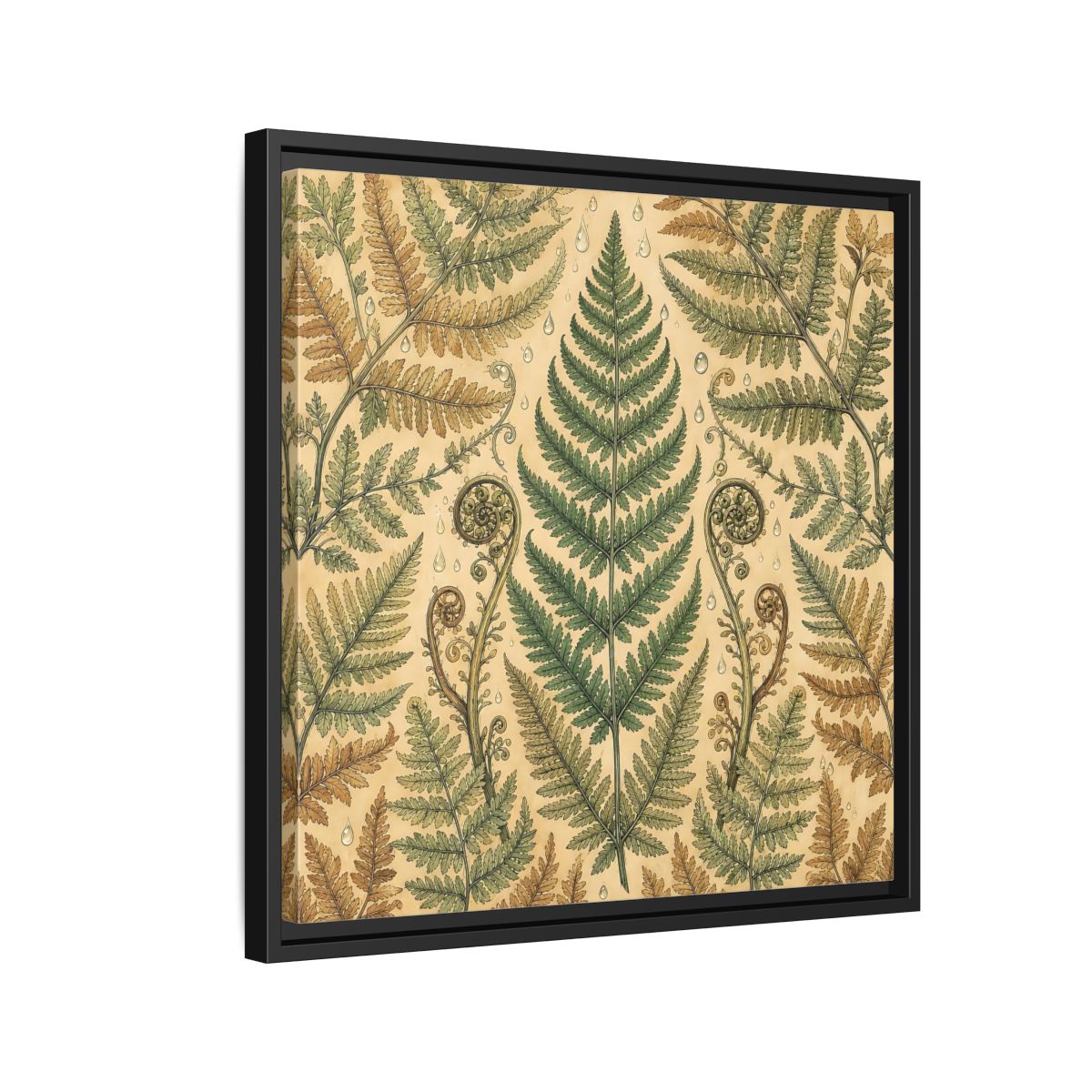 Side Mockup 12. Delicate Hand-Drawn Illustration Fern Leaves With Rain Drops shown as stretched canvas wall art