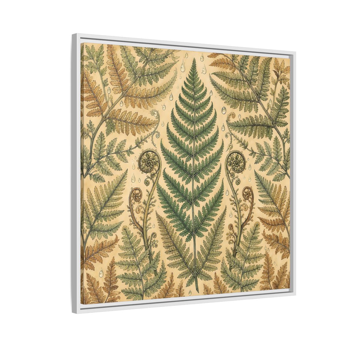 Side Mockup 7. Delicate Hand-Drawn Illustration Fern Leaves With Rain Drops shown as stretched canvas wall art