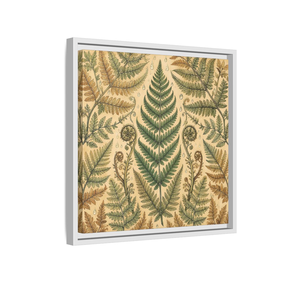 Side Mockup 13. Delicate Hand-Drawn Illustration Fern Leaves With Rain Drops shown as stretched canvas wall art