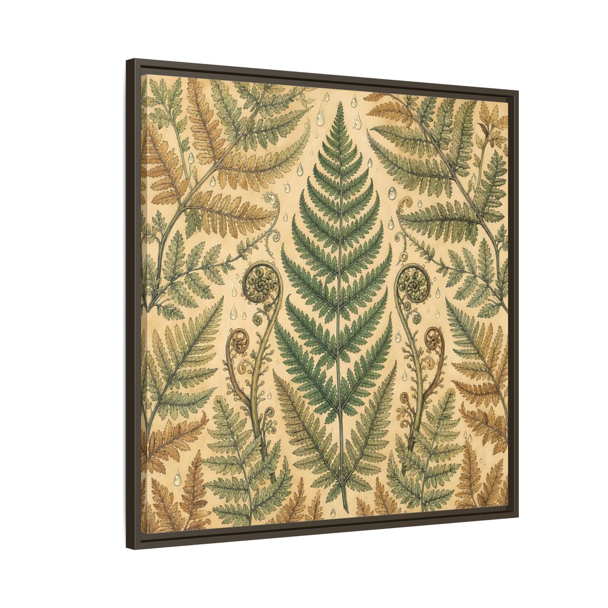 Side Mockup 8. Delicate Hand-Drawn Illustration Fern Leaves With Rain Drops shown as stretched canvas wall art