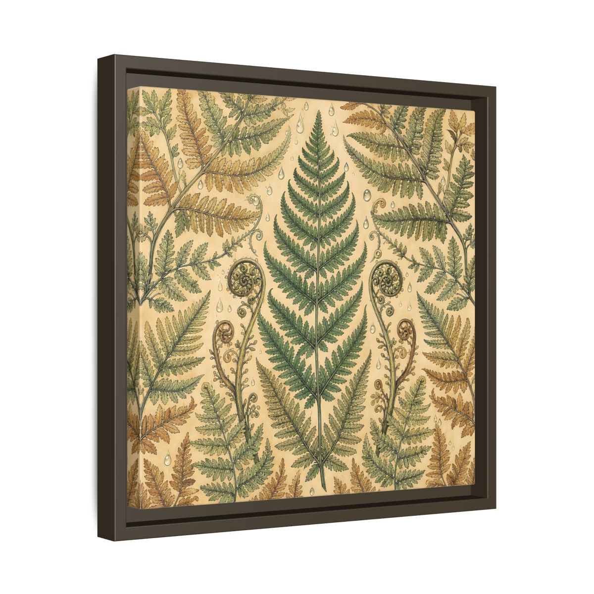 Side Mockup 29. Delicate Hand-Drawn Illustration Fern Leaves With Rain Drops shown as stretched canvas wall art