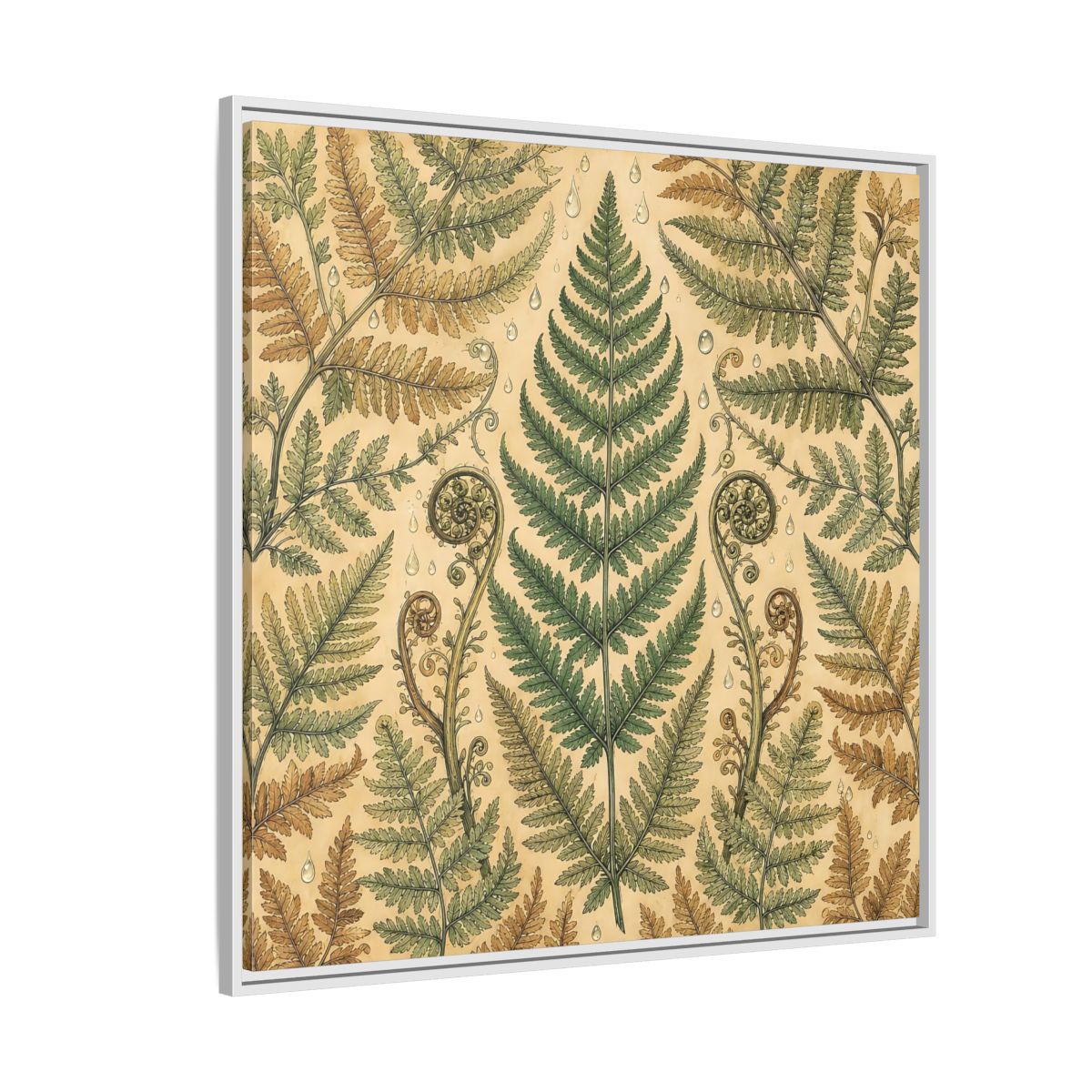 Side Mockup 4. Delicate Hand-Drawn Illustration Fern Leaves With Rain Drops shown as stretched canvas wall art
