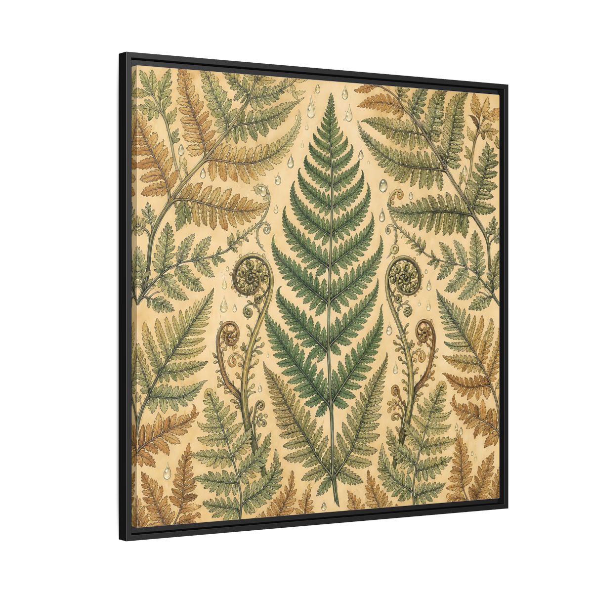 Side Mockup 6. Delicate Hand-Drawn Illustration Fern Leaves With Rain Drops shown as stretched canvas wall art