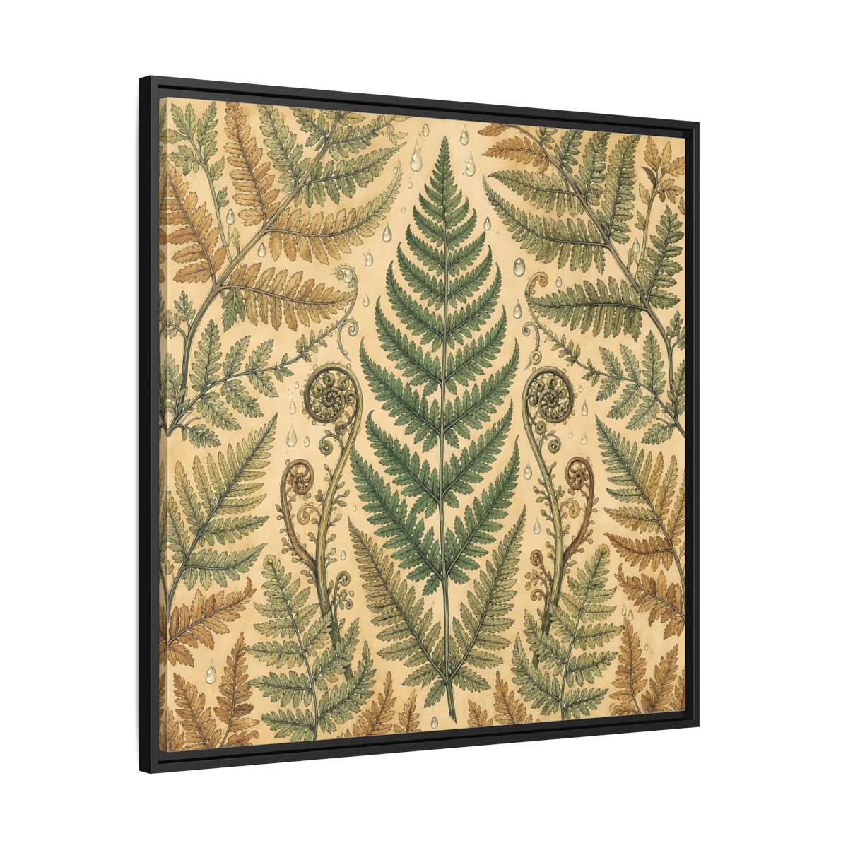 Side Mockup 30. Delicate Hand-Drawn Illustration Fern Leaves With Rain Drops shown as stretched canvas wall art