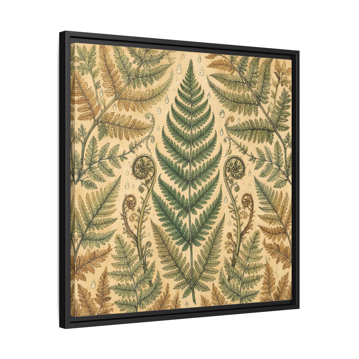 Side Mockup 31. Delicate Hand-Drawn Illustration Fern Leaves With Rain Drops shown as stretched canvas wall art
