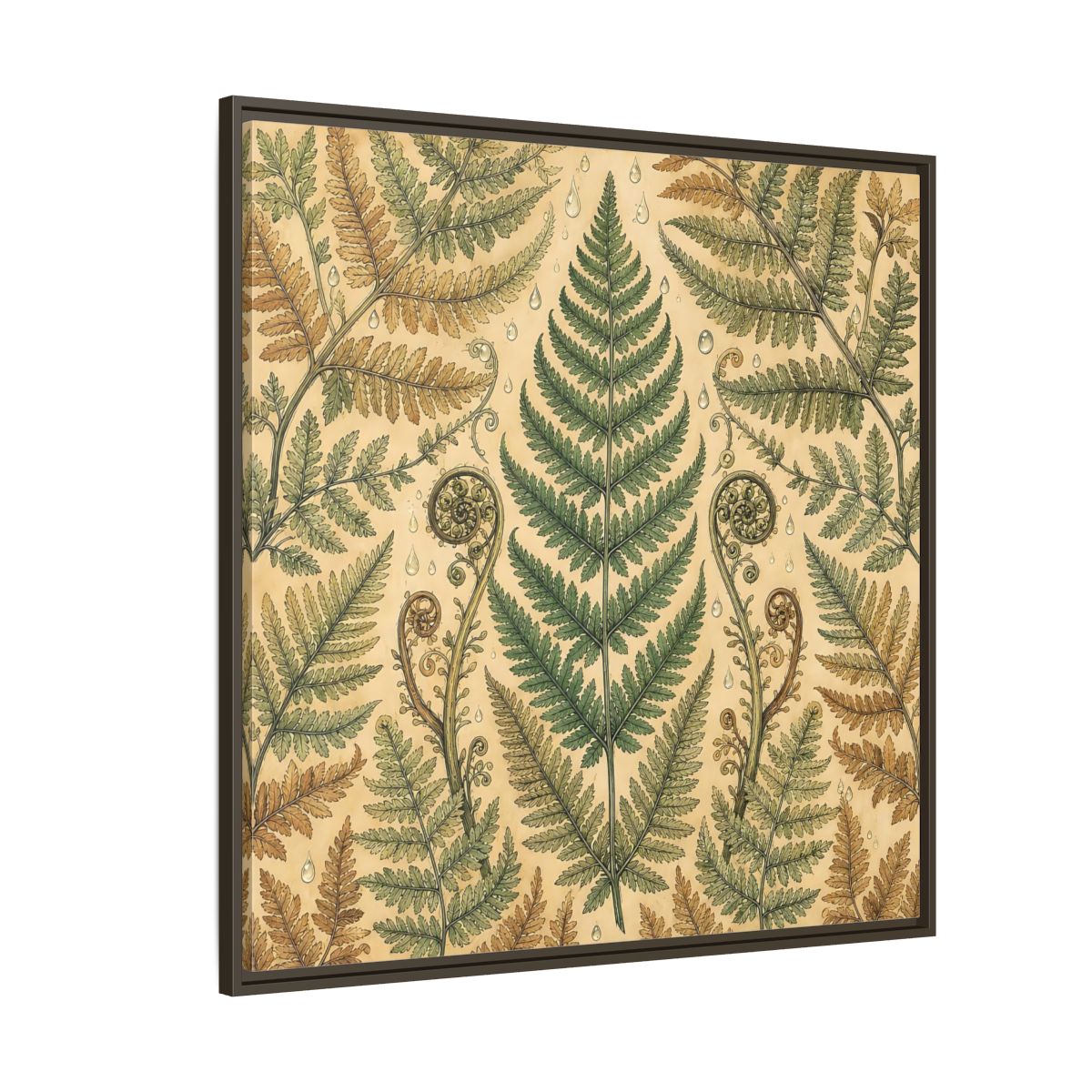 Side Mockup 5. Delicate Hand-Drawn Illustration Fern Leaves With Rain Drops shown as stretched canvas wall art