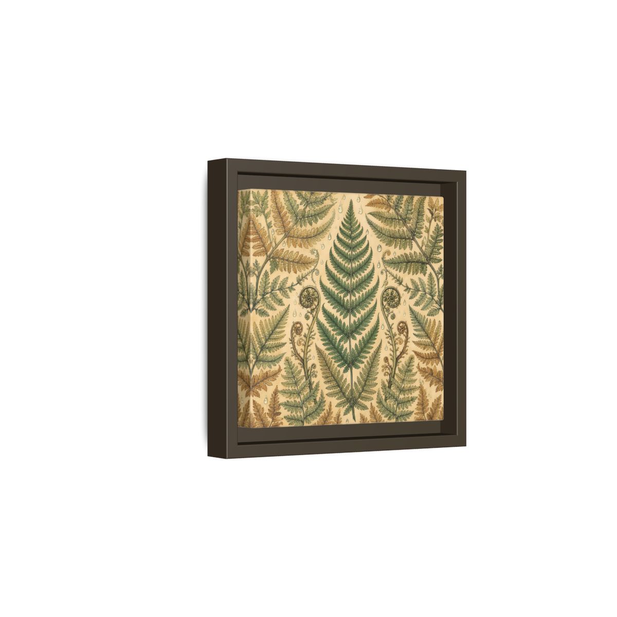 Side Mockup 2. Delicate Hand-Drawn Illustration Fern Leaves With Rain Drops shown as stretched canvas wall art