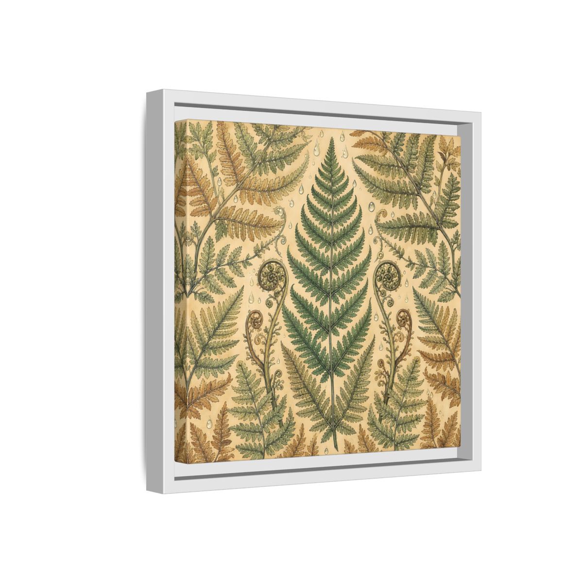 Side Mockup 16. Delicate Hand-Drawn Illustration Fern Leaves With Rain Drops shown as stretched canvas wall art