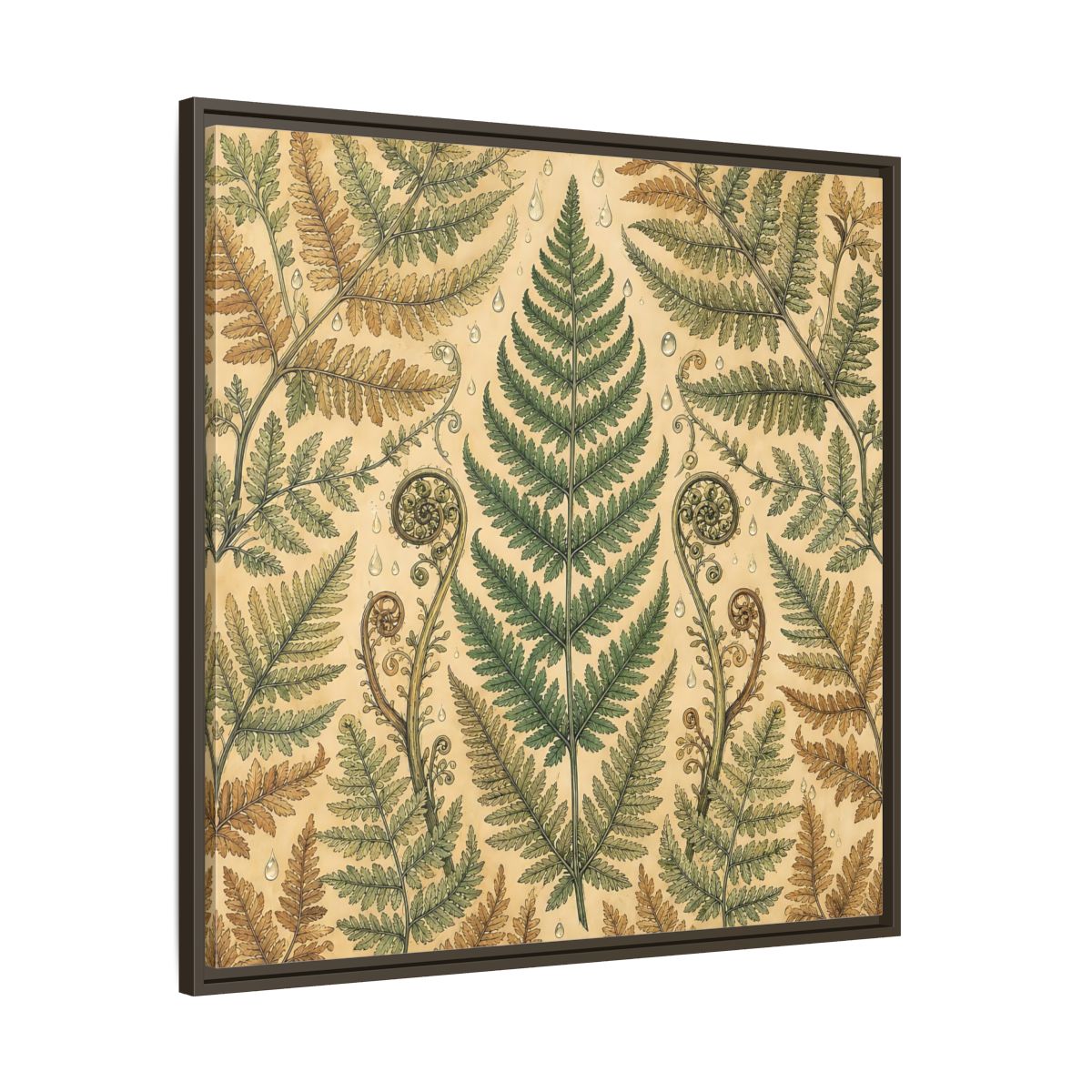 Main Mockup. Delicate Hand-Drawn Illustration Fern Leaves With Rain Drops shown as stretched canvas wall art