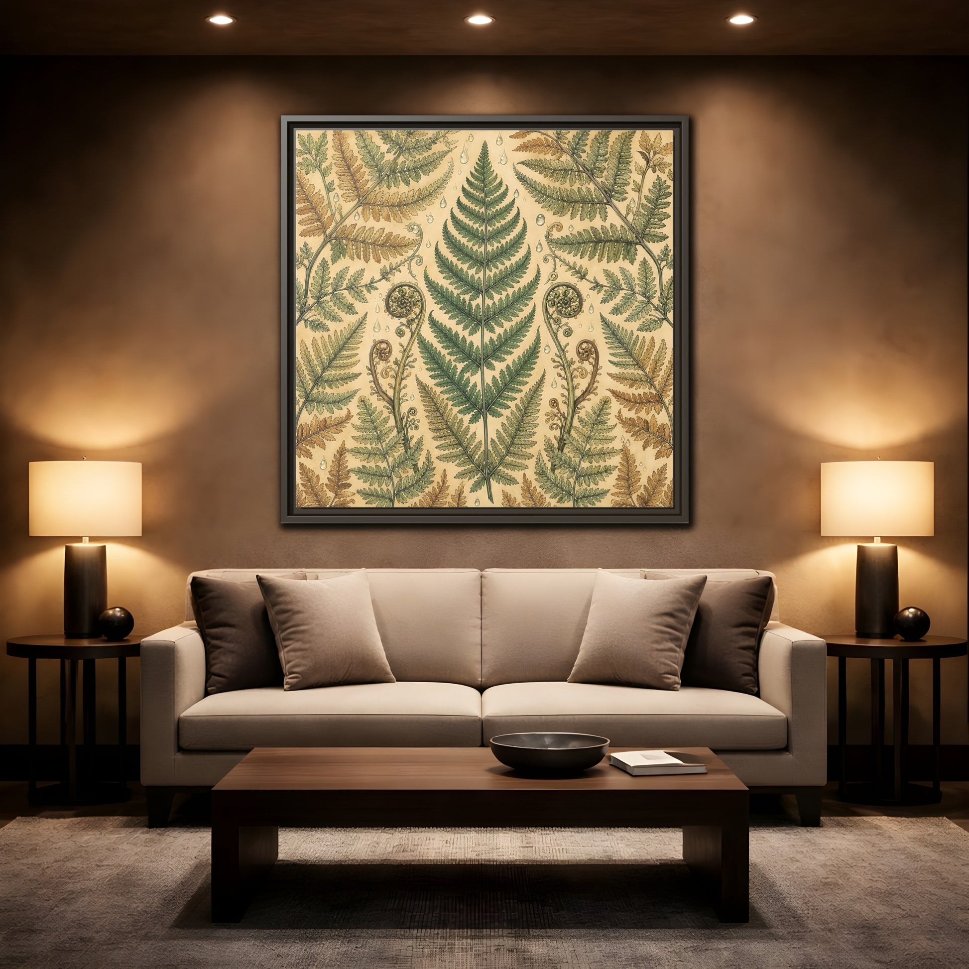 Mockup 2. Delicate Hand-Drawn Illustration Fern Leaves With Rain Drops shown as stretched canvas wall art