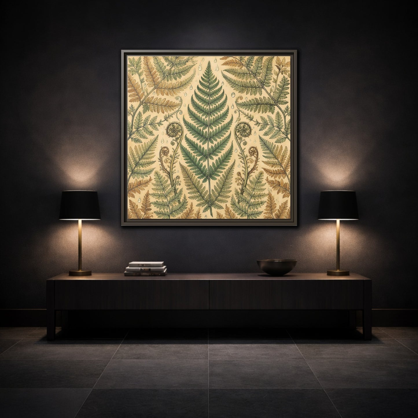 Mockup 3. Delicate Hand-Drawn Illustration Fern Leaves With Rain Drops shown as stretched canvas wall art