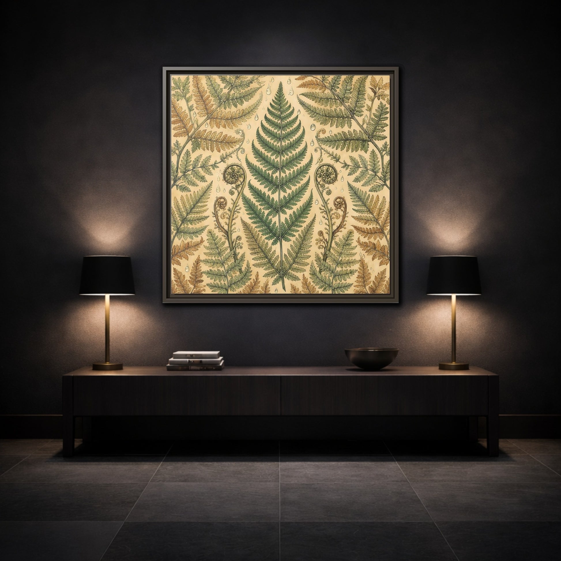 Mockup 3. Delicate Hand-Drawn Illustration Fern Leaves With Rain Drops shown as stretched canvas wall art