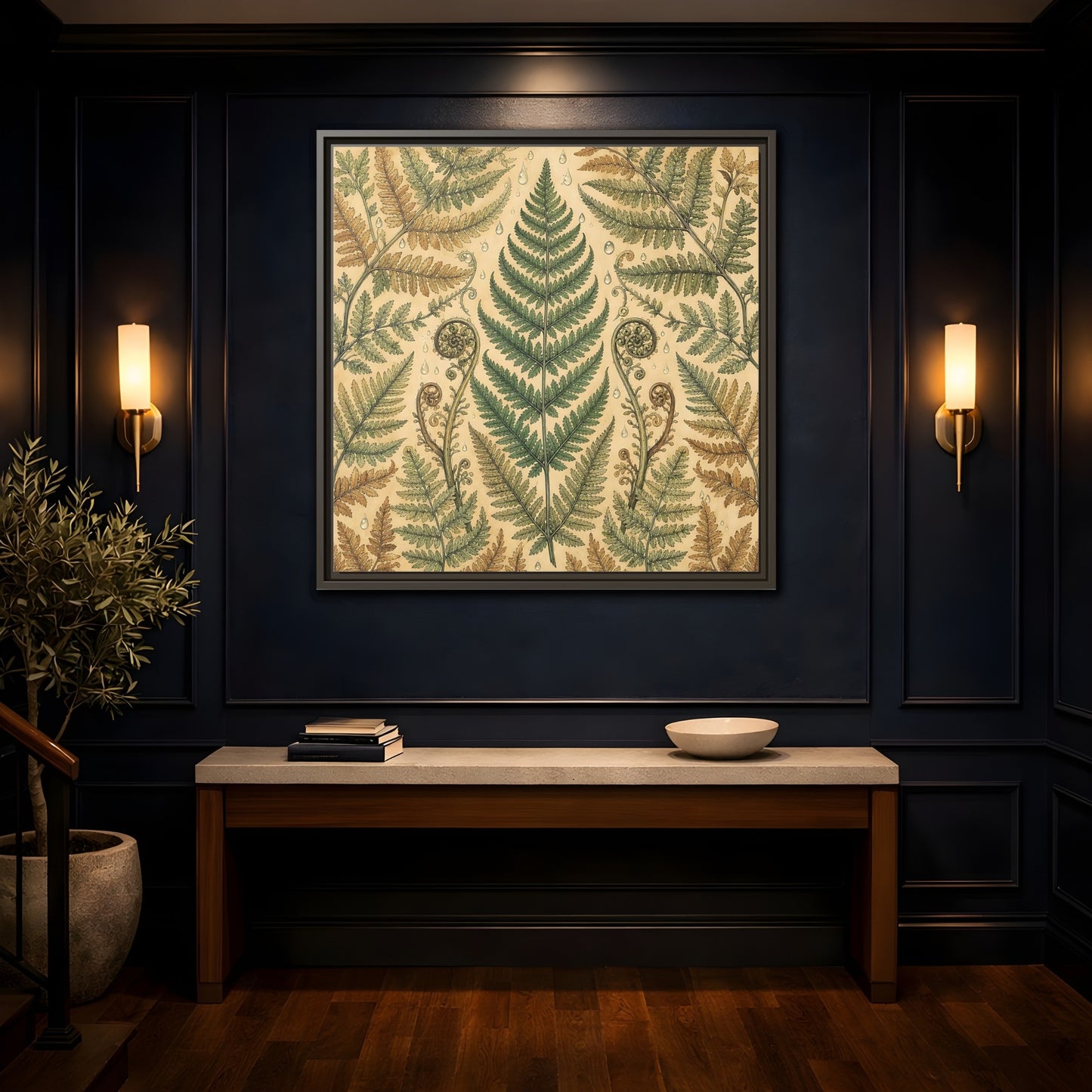 Mockup 4. Delicate Hand-Drawn Illustration Fern Leaves With Rain Drops shown as stretched canvas wall art