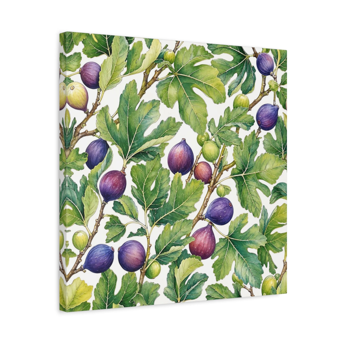 Side Mockup 5. Delicate Hand-Drawn Illustration Fig Leaves Near Whitewashed Wall shown as stretched canvas wall art